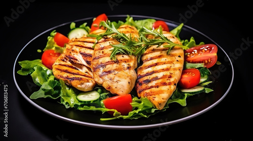 Nutrient Grilled chicken breast, fillet and fresh vegetable salad of lettuce, arugula, spinach