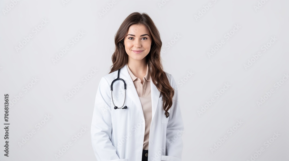 a beautiful doctor is posing on a white background