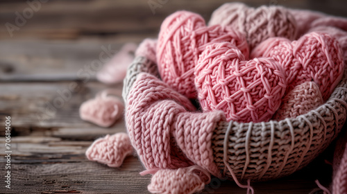 Heart shape crochets in a crochets basket and wood background