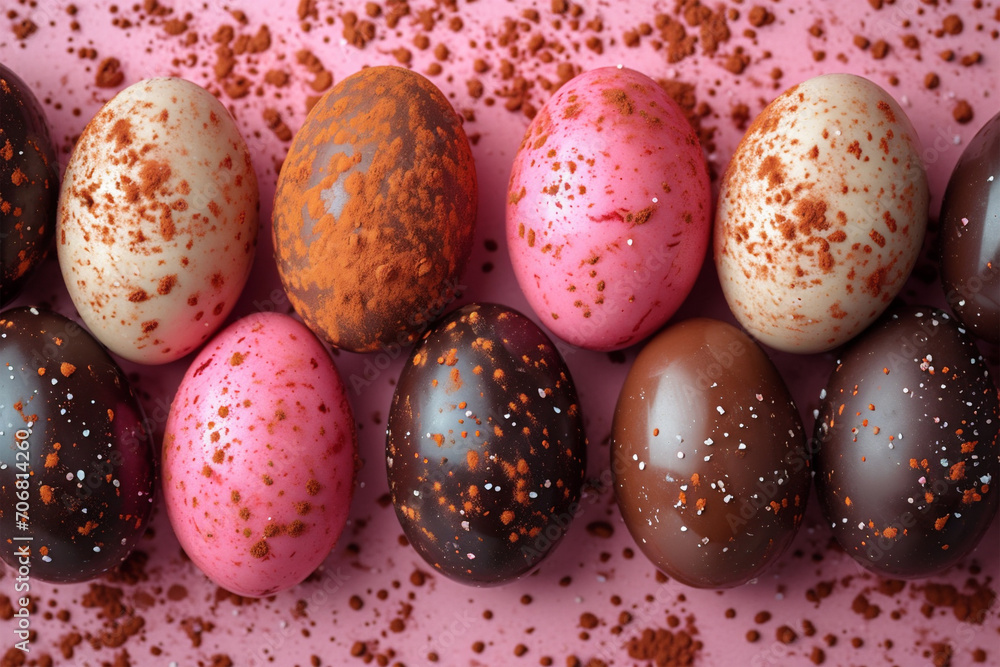 Happy Easter background decoration. Chocolate Easter eggs in row on pink background.