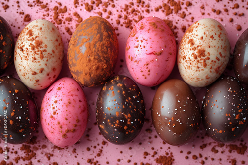 Obraz na płótnie Happy Easter background decoration. Chocolate Easter eggs in row on pink background. w salonie