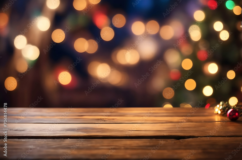 christmas lights on wooden background