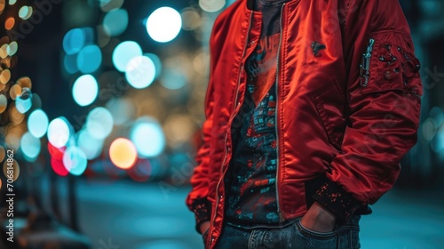 Rockstar vibes Channel your inner rebel with a bold red bomber jacket, graphic tee, and ripped black denim.