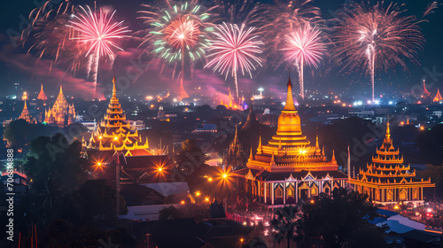 fireworks jumping over traditional buildings or temples