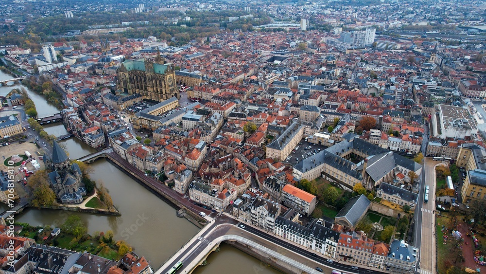 Aerial of the city Metz in France on a cloudy morning in late fall.	