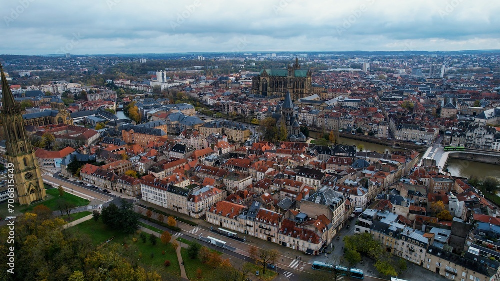 Aerial of the city Metz in France on a cloudy morning in late fall.	