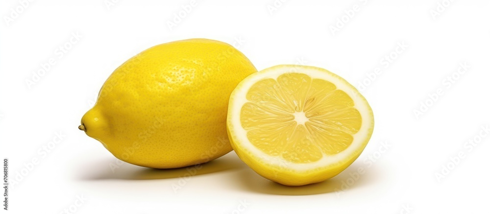 Lemon fruit with half slice isolated white background. copy space