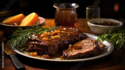 The photo captures the essence of homemade comfort food with a generous serving of forktender brisket, slowcooked for hours until it practically falls apart. The golden brown hue of the