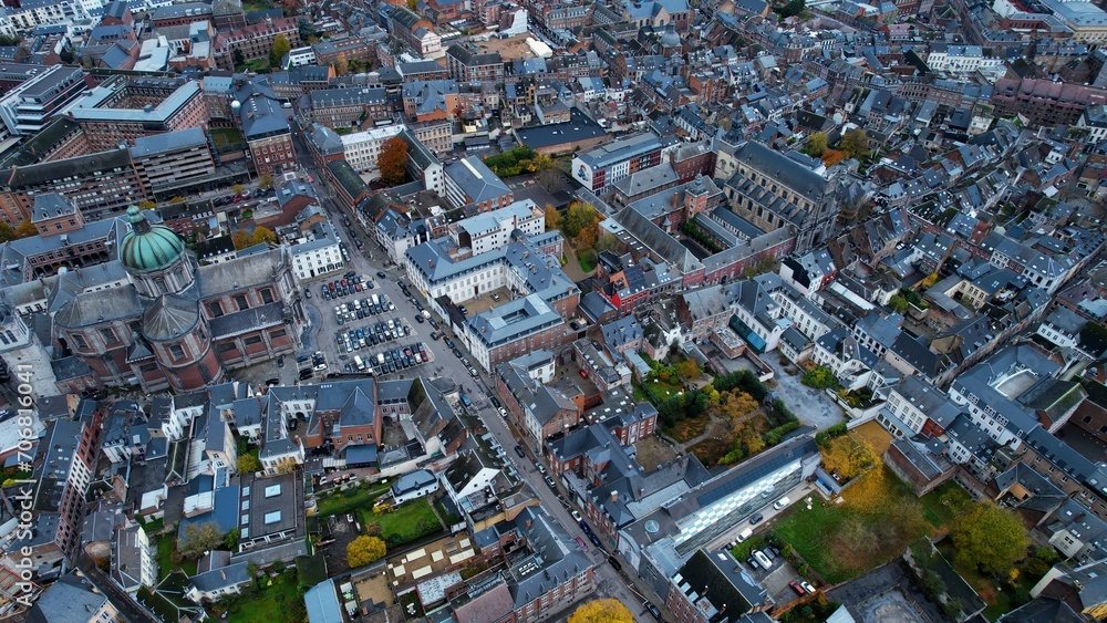 Aerial view of the city Namur in Belgium on a cloudy afternoon in fall	