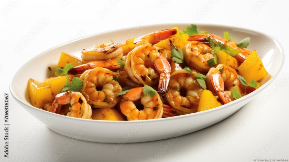 An irresistible mix of juicy shrimp, bathed in a tantalizing teriyaki glaze that imparts a sweet and savory flavor profile. The plump crustaceans are accompanied by a colorful assortment An irresistible mix of juicy shrimp, bathed in a tantalizing teriyaki glaze that imparts a sweet and savory flavor profile. The plump crustaceans are accompanied by a colorful assortment