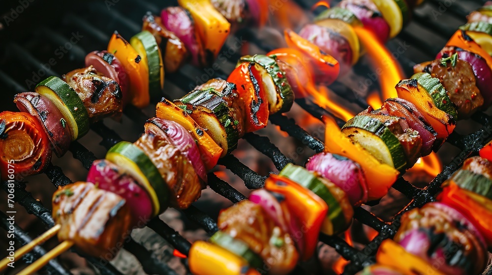 Barbecue skewers meat kebabs with vegetables on flaming grill