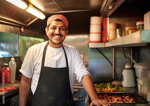  Small Business Owner in Thriving Food Truck ,Indian chef  in kitchen