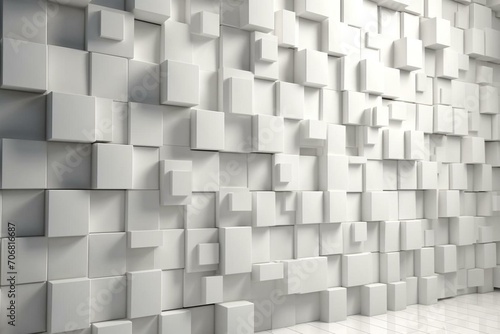 Polished block wall with white square tiles arranged in a 3D mosaic pattern. Generative AI