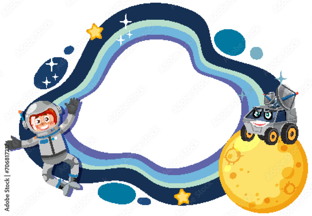Naklejka premium Cheerful astronaut floating near a smiling moon rover.