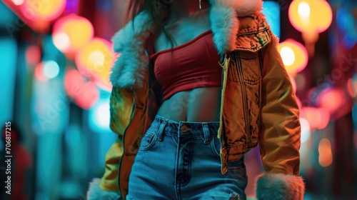 Embrace the noughties trend with a colorful faux furtrimmed moto jacket, paired with a crop top, lowrise jeans, and chunky sneakers for a playful and nostalgic look. photo