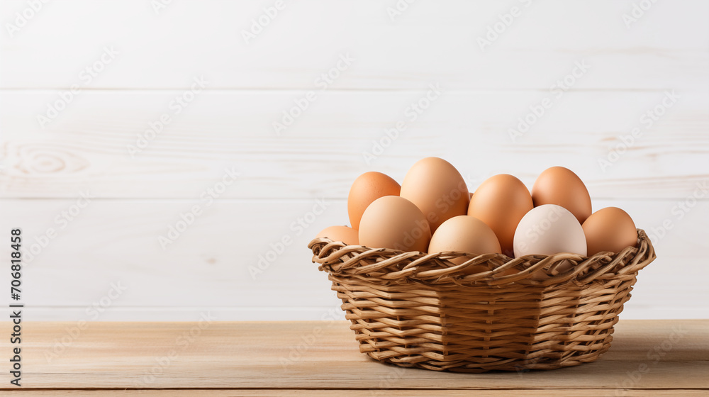 Farm Fresh Delights: Eggs Nestled in a Woven Basket Isolated Farm Fresh Delights: Eggs Nestled in a Woven Basket Isolated
