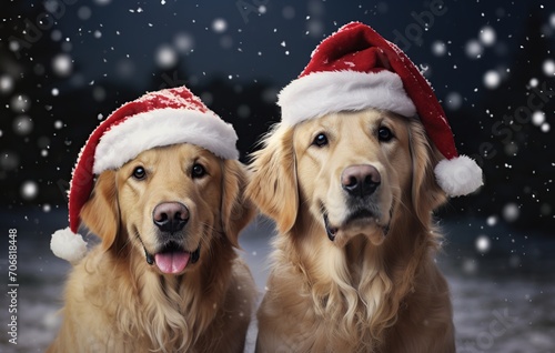 two golden retriever dogs in red santa claus hats on snowy background