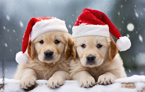 Two Golden Retriever puppies in red Santa Claus hats on a snowy background