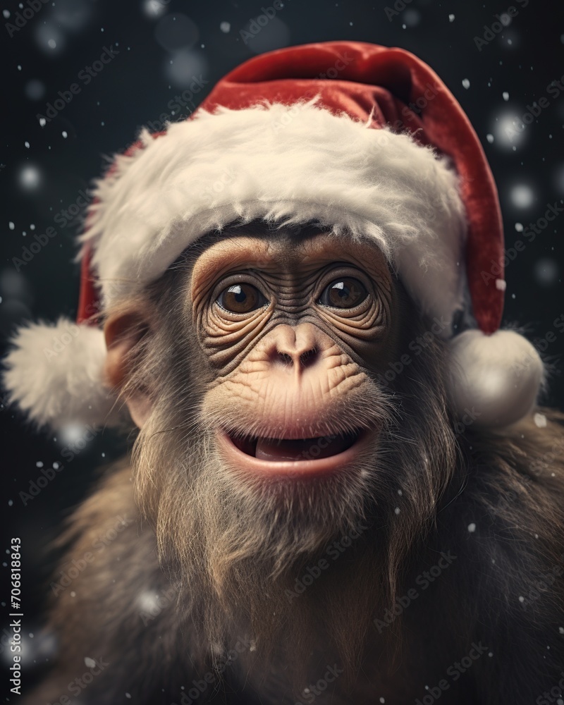 Monkey in Santa Claus hat on dark background with snowflakes Monkey in Santa Claus hat on dark background with snowflakes