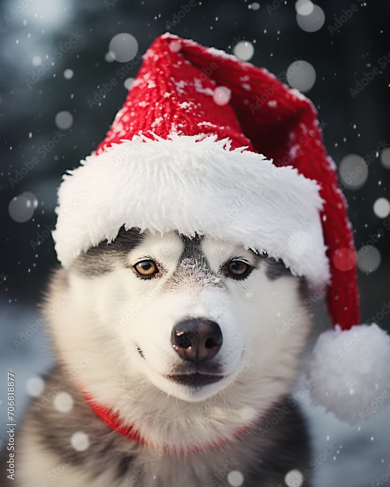 Portrait of a beautiful siberian husky dog in a red santa hat. Portrait of a beautiful siberian husky dog in a red santa hat.