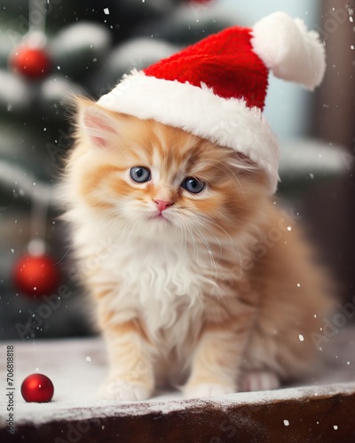 Cute ginger kitten in santa hat with christmas tree on background