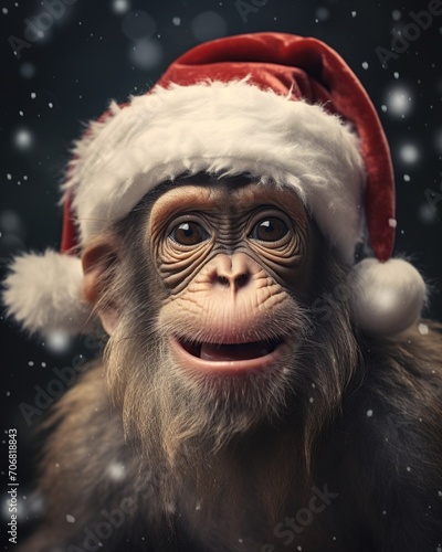 Monkey in Santa Claus hat on dark background with snowflakes © Obsidian