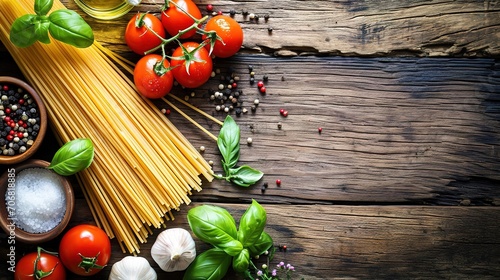 Food background. Italian food background with pasta, ravioli, tomatoes, olives and basil