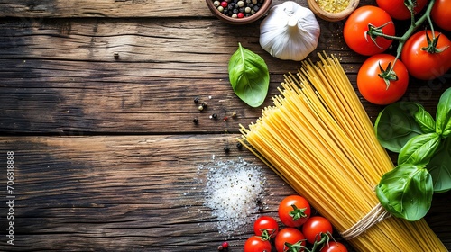 Food background. Italian food background with pasta, ravioli, tomatoes, olives and basil