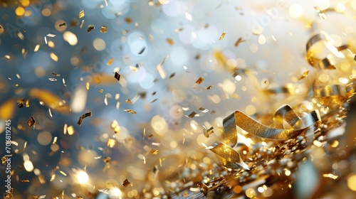 Image of Gold confetti falling over black background. confetti and ribbon flying on air during a festival at night background. Blurred Golden bokeh lights on party festive. Glitter sparkle stars.