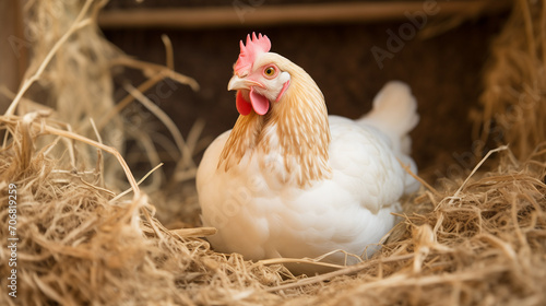 A hen on an organic farm, sitting on eggs on straw in a chicken coop,