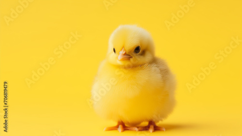 Small yellow chicken in a shell on a yellow background. 