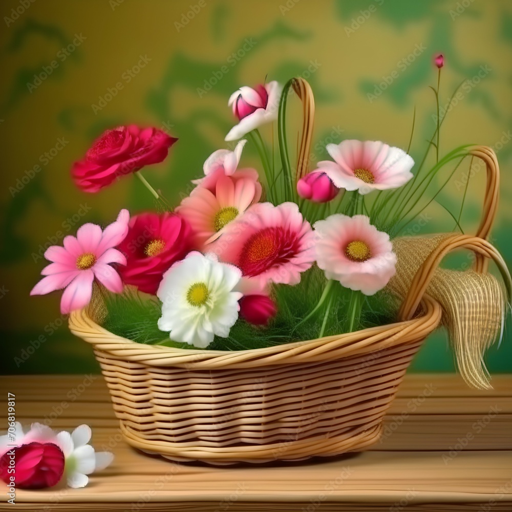 bouquet of pink tulips in basket