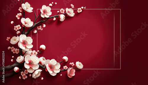 Elegant Plum Blossom Branches Encircling a Traditional Asian and Chinese Floral Art wallpaper background with Copy space available for text.