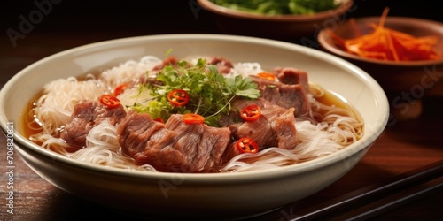 Slim, chewy rice noodles are submerged in a robust beef broth, boasting mouthwatering slices of tender brisket, silky beef tendon, and tripe, garnished with a handful of vibrant herbs, providing