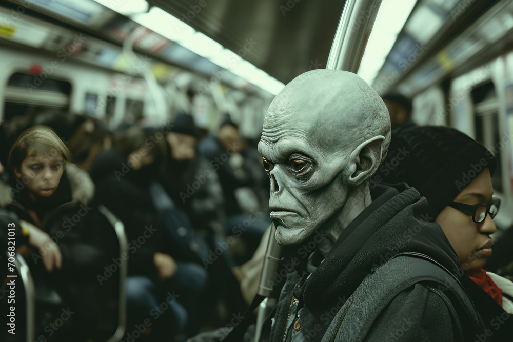 An alien, wearing street clothes, in a crowded subway, going to work An alien, wearing street clothes, in a crowded subway, going to work