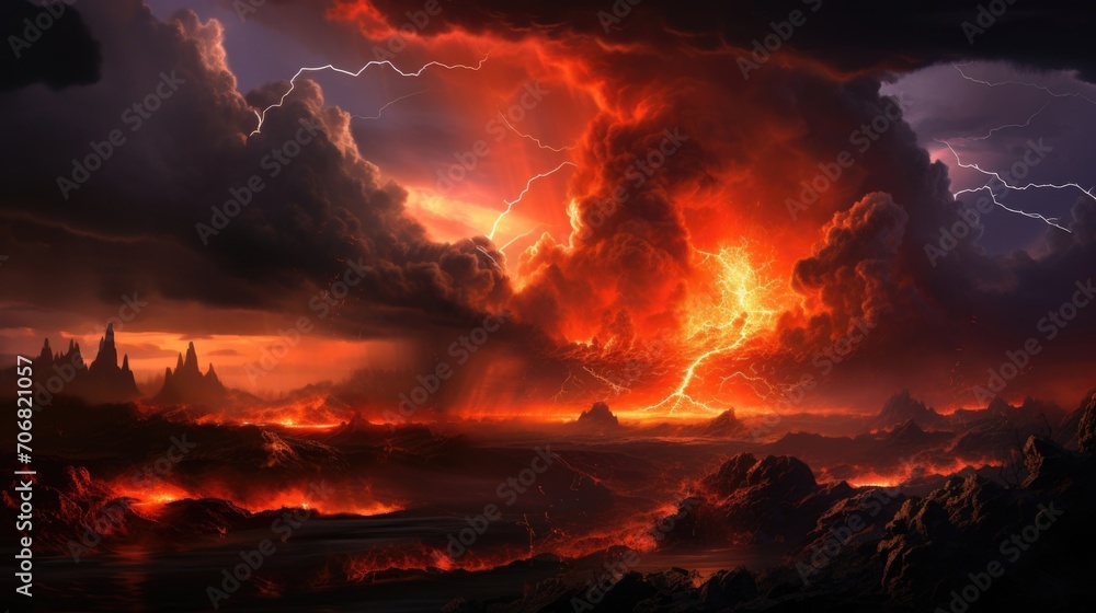 A chaotic scene of natures fury unfolded as a volcano spewed hot lava into the air, creating a cloud of darkness that engulfed the landscape.