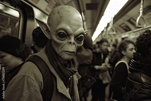 An alien, wearing street clothes, in a crowded subway, going to work photo