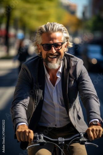 Middle-aged businessman enjoying his bicycle commute to work, dressed sharp and cruising on a city road in the morning, Generative AI