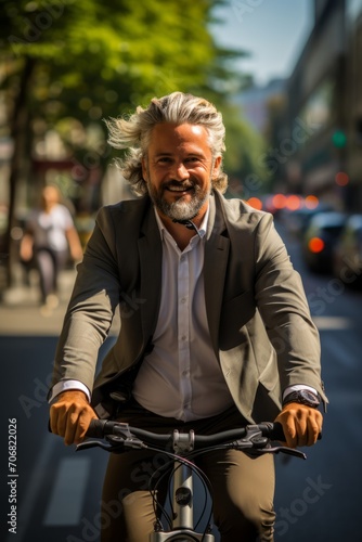Middle-aged Caucasian businessman confidently cycling through the city streets on a bright morning, ready for a productive workday, Generative AI 