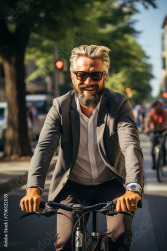 Middle-aged Caucasian businessman confidently cycling through the city streets on a bright morning, ready for a productive workday, Generative AI  © Shooting Star Std