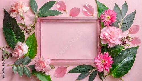 pink frame, abstract glass leaves, a textured tropical leaf background, flat lay with copy space for text Assorted pink flower border on pink background, framework for invitation or congratulation