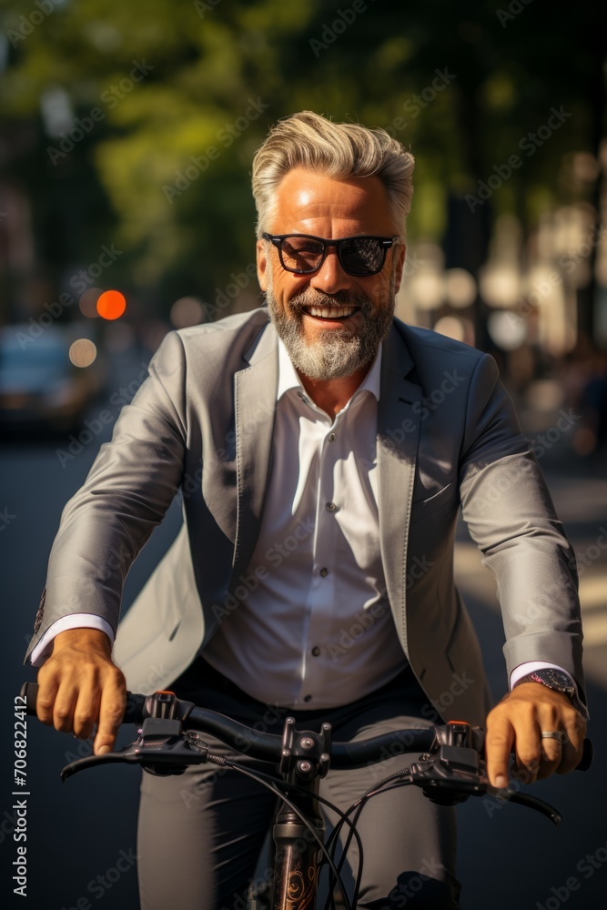 Well-dressed middle-aged businessman starting his workday by biking through the city streets under the morning sun, Generative AI