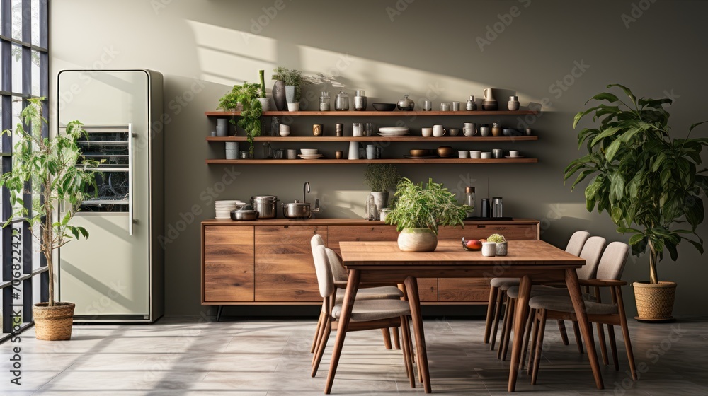 dining room with shelves, refrigerator with elegant wooden furniture dining room with shelves, refrigerator with elegant wooden furniture
