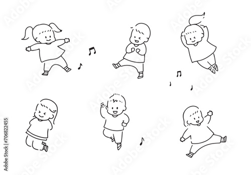 ダンスする子どもたちの線画セット