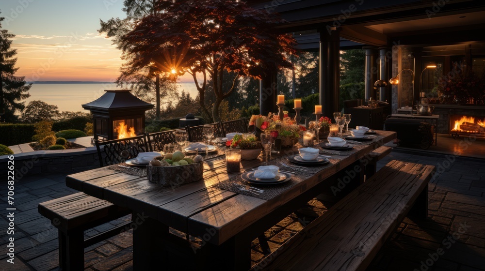 romantic outdoor dining area with sunset views