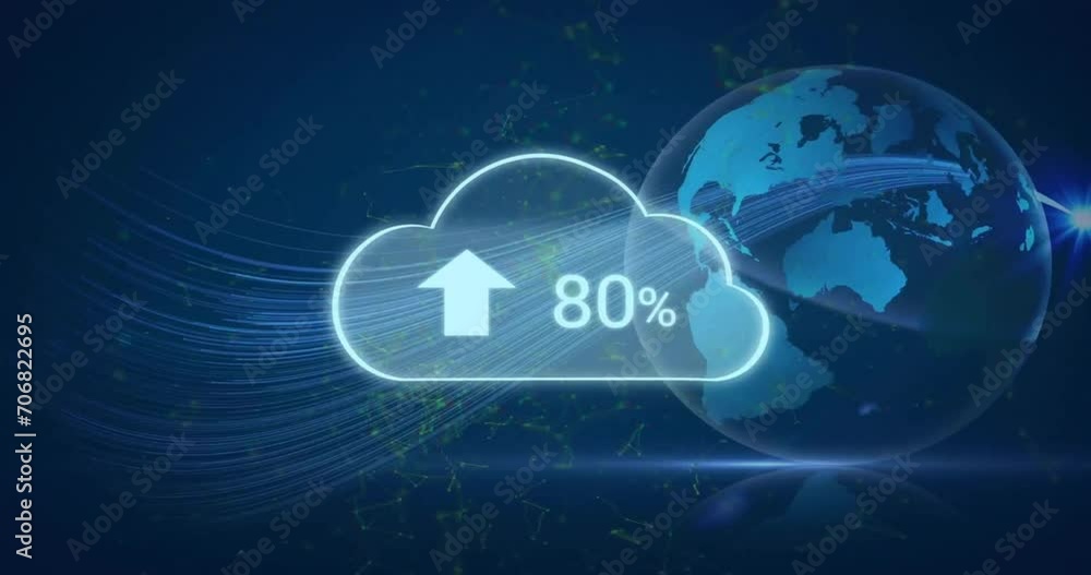 Animation of red shapes and cloud with growing number over globe on black background Animation of red shapes and cloud with growing number over globe on black background