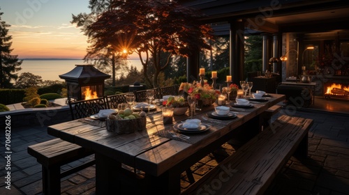 romantic outdoor dining area with sunset views © Prasojo