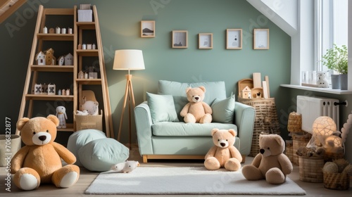 Stylish and cute children's room decoration. Blue background wall photo