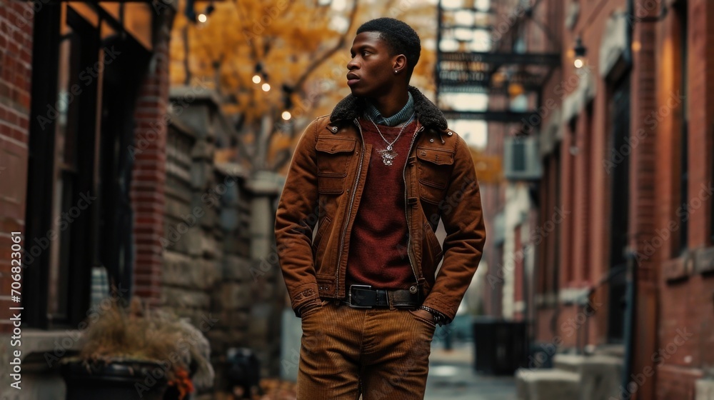 The perfect mix of rugged and refined a moto jacket adorned with a faux fur collar, paired with a classic knit sweater and tailored corduroy pants.