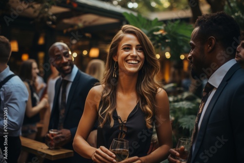 Dynamic outdoor networking event, featuring professionals conversing with drinks in hand, fostering valuable connections, Generative AI